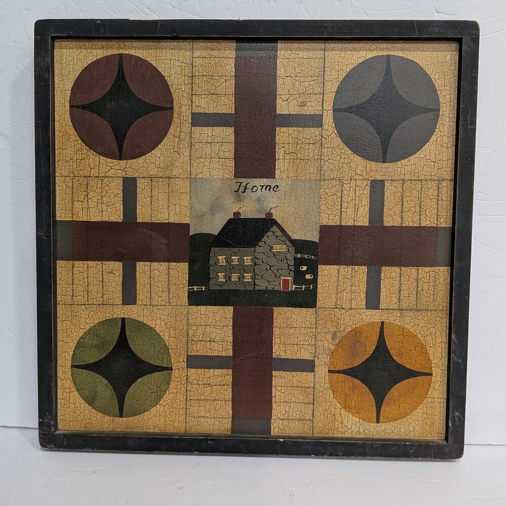 Ridge Hollow Folk Art Game Board Hand painted Crackle Wood Parcheesi Hanging